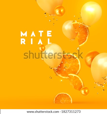Orange fruit realistic design slices and halves. Background with citrus fruits and beige balloon, gold glitter confetti. Vector illustration