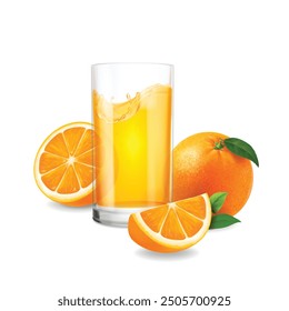 Orange fruit with realistic drinking glass of orange juice. Isolated fruits on white background