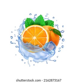 Orange fruit in realistic splash, ice cube and mint leaves. Orange beverage, ice tea, citrus drink refreshing