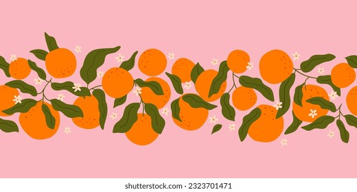 Orange fruit seamless border with curve botanical leaves. Repeat tropical summer fruit on pink background. Citrus horizontal long banner. Hand drawn vector print. Exotic fresh fruits.