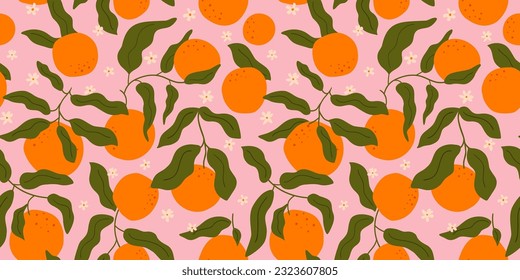 Orange fruit seamless pattern in abstract Matisse style. Tropical summer fruit on pink background. Citrus, curve leaves, tiny flowers print. Hand drawn vector fabric design, summer textile, wallpaper.