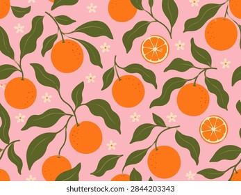 Orange fruit seamless pattern in abstract Matisse style. Tropical summer fruit on pink background. Citrus, curve leaves, tiny flowers print. Hand d vector