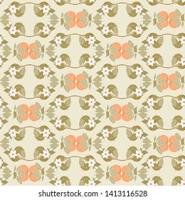 Orange fruit seamless pattern, blossom oranges branches geometric background, vector illustration