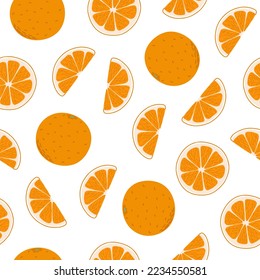 Orange fruit seamless pattern cartoon flat style vector illustration food collection, hand drawn repeat ornament, slices and entire citrus dessert, healthy vitamin diet, for textile, gift paper decor