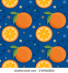 Orange fruit seamless pattern. Citrus fruit on blue background. Vector illustration. Repeating texture. Modern ornament.