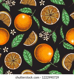 Orange fruit seamless pattern. Fresh citrus background. Hand drawn vector illustration. Organic food, citrus design template. Colored illustration.