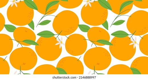 Orange fruit seamless pattern illustration in modern flat cartoon style. Natural tree branch background. Summer season food concept, organic juicy fruits backdrop.