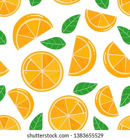 Orange fruit seamless pattern on white background, hand drawn fruit and green leaf vector illustration, pattern for cheerful summer