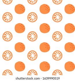 Orange fruit seamless pattern. Round citrus incision tile. Orange fruit on white background. Template for food packaging design, summer textile. Vector illustration in minimal style.