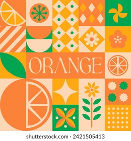 Orange Fruit seamless pattern in scandinavian style postcard with Retro clean concept design