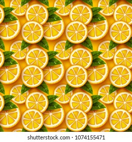 Orange fruit seamless pattern. Sliced pieces citrus with leaves and water drop. Vector illustration.