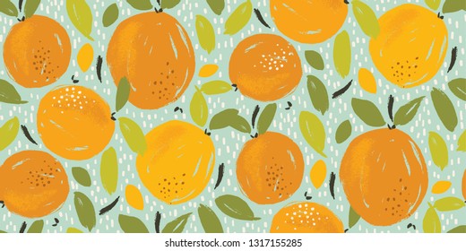 Orange fruit seamless pattern for summer textile and decor with mint background and modern hand drawn artwork