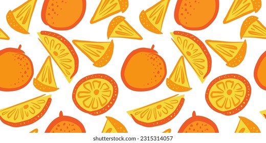 Orange fruit seamless pattern. Whole and sliced peace of citrus texture. Color illustration on white background. Hand drawn pattern for juice package, textile or menu design. Vector 