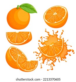 orange fruit set cartoon. citrus fresh, ripe juicy, organic slice, juice sweet, food vitamin, closeup half, healthy raw, tropical cut, leaf orange fruit vector illustration