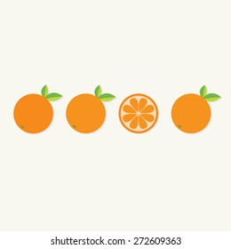 Orange fruit set with leaf in a row. Cut half Healthy lifestyle background Flat design Vector illustration
