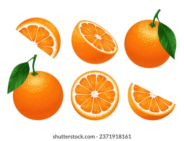 Orange fruit. Set of oranges isolated on a white background. Whole orange with leaves, cut in half and slices.