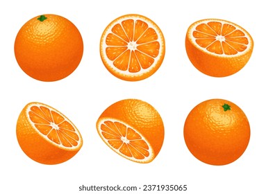 Orange fruit. Set of oranges isolated on a white background. A whole orange, cut in half.