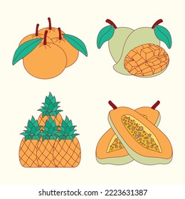 Orange fruit set of pineapple,orange, mango and papaya flat design illustration