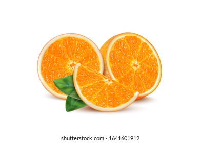 Orange fruit set with slice of pieces isolated on white background. Season sweet of tropical fruits. Realistic vector 3D illustration.