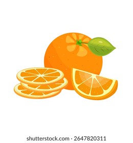 Orangefarbenes Fruchtset mit Stückchen einzeln auf weißem Hintergrund. Süß nach tropischen Früchten. Realistische Vektorgrafik.
