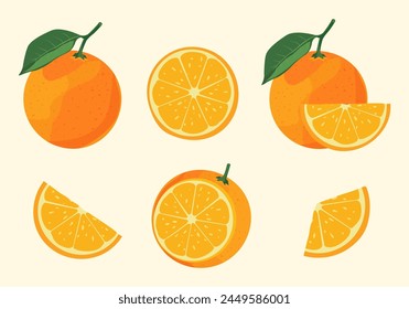 Orange Fruit. Set with whole fruit and half, quarter , with and without leaves. Vector illustration in flat style on isolated background. 