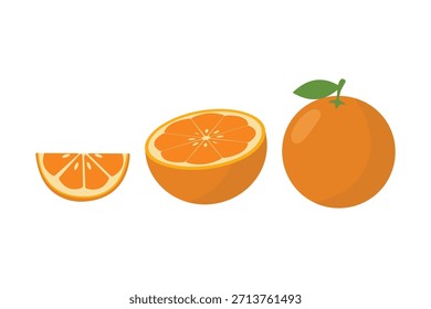 Orangenfrucht-Set. Ganz und geschnitten. Geeignet für ClipArt, Aufkleber, flache Designgrafik usw. 