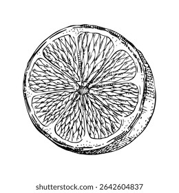 Orange fruit sketch. Hand-drawn botanical illustration. Aromatic ingredients, perfumery, and organic cosmetics logo design. NOT AI generated
