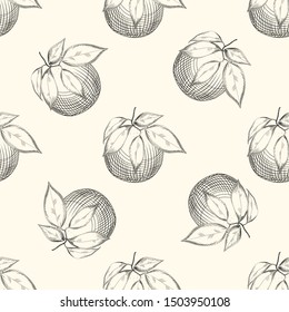 Orange fruit sketch seamless patter. Exotic tropical fruit. Engraving style. Design for fabric, textile print, wrapping paper. Vector illustration