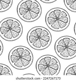 Orange fruit slice background. Sketch style design. Seamless pattern. Vector illustration. Design, package, brochure illustration. Orange fruit background. Design for packaging design and other.
