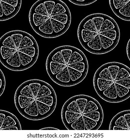 Orange fruit slice background. Sketch style design. Seamless pattern. Vector illustration. Design, package, brochure illustration. Orange fruit background. Design for packaging design and other.