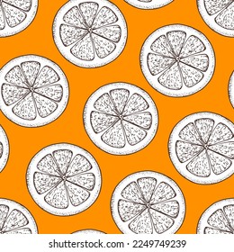 Fondo de rodaje de fruta naranja. Diseño de estilo de esbozo. Patrón sin foco. Ilustración vectorial. Diseño, paquete, ilustración de folleto. Fondo de fruto naranja. Diseño para el diseño de envases y otros.
