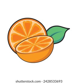 Orange fruit slice with green leaf. Cut slice and leaves ripe orange fruit isolated on white or transparent background. Tangerine vector illustration