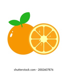 Orange fruit slice with green leaves isolated on white background. Popular fresh fruit, help detoxify the body, lose weight, good for health, rich source of vitamin C, refreshing.