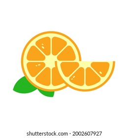 Orange fruit slice with green leaves isolated on white background. Popular fresh fruit, help detoxify the body, lose weight, good for health, rich source of vitamin C, refreshing.