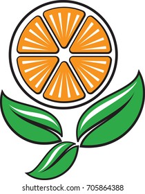 Orange fruit slice with green leaves as natural orange juice icon.