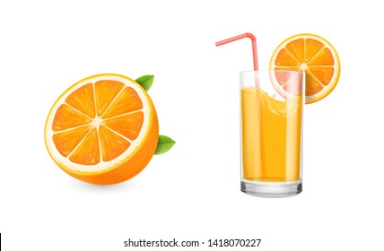 Orange fruit slice and orange juice drinking glass realistic vector