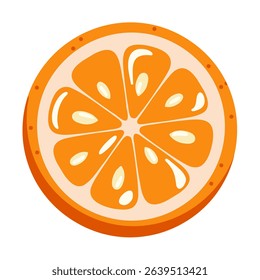 Orange fruit slice with juicy texture and seeds. Cartoon Vector illustration on white background