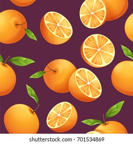 Orange fruit and orange slice with leaf on red violet color background vector pattern