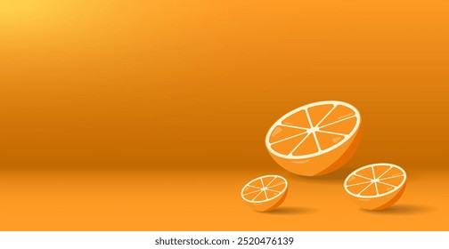 Orange fruit slice On Studio Background With Copy Space For Text. Vector Illustration. Wallpaper. Minimalist