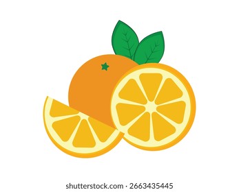 Fatia de fruta laranja Vetor colorido conjunto. Fruta laranja fresca inteira e metade cortada. Ilustração vetorial.