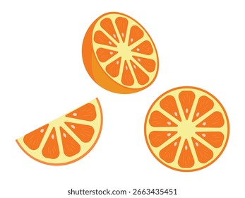 Orange Fruit Slice Vector bunte Set. Frische Orangenfrucht ganz und halb geschnitten. Vektorgrafik.
