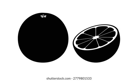 Orange fruit and sliced orange silhouette on a white background