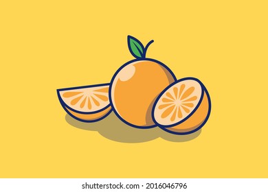 Orange Fruit and Slices Flat Illustration Design. Cute Fruit Icon or Logo Isolated in Yellow Background