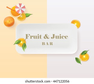 Orange fruit slices, green leaves, juice drink with an umbrella decoration and rectangular ceramic plate in top view perspective isolated on light background