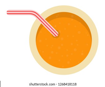 Orange fruit smoothie in a glass with straw top view vector flat icon isolated on white