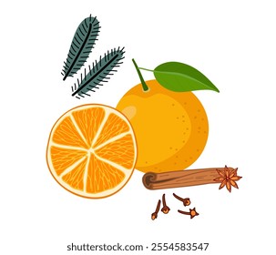 Orange Fruit with with spices. Cinnamon stick, Clove, star Anise. Organic food eco template for autumn or winter menu, orange jam, juice label, tea, orange product for advertising and packaging design