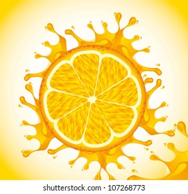 orange fruit with splash over yellow background. vector