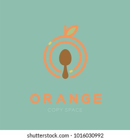 Orange fruit with spoon logo icon outline stroke set design illustration isolated on green background with Orange text and copy space, vector eps10