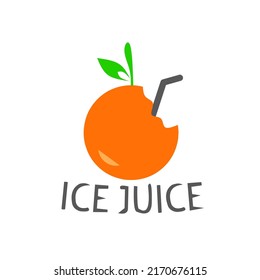orange fruit and straw icon with ice juice text