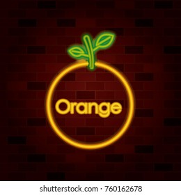 orange fruit and text in neon sign on brick wall
